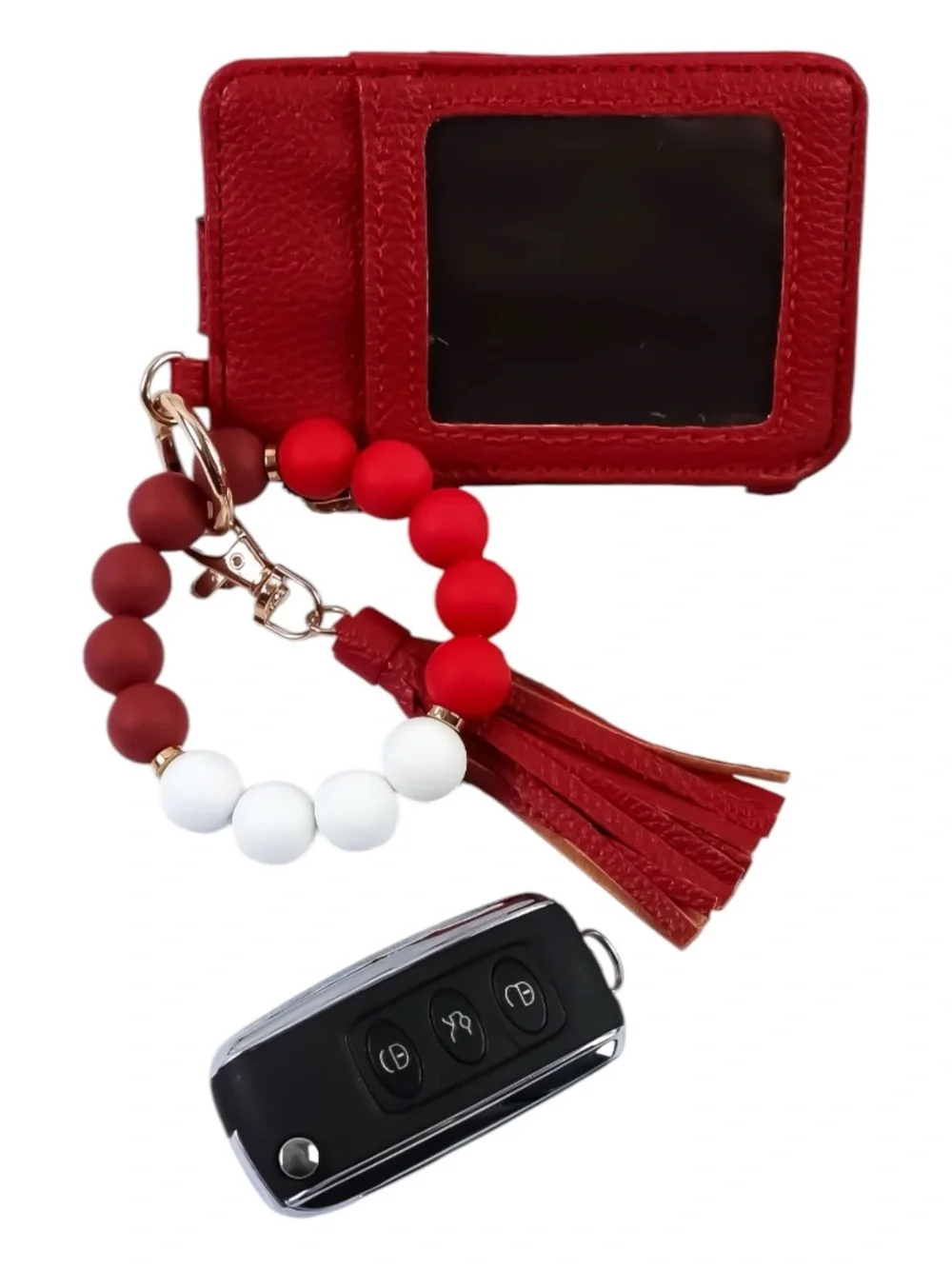 Red Beaded Wristlet Keychain with Tassel